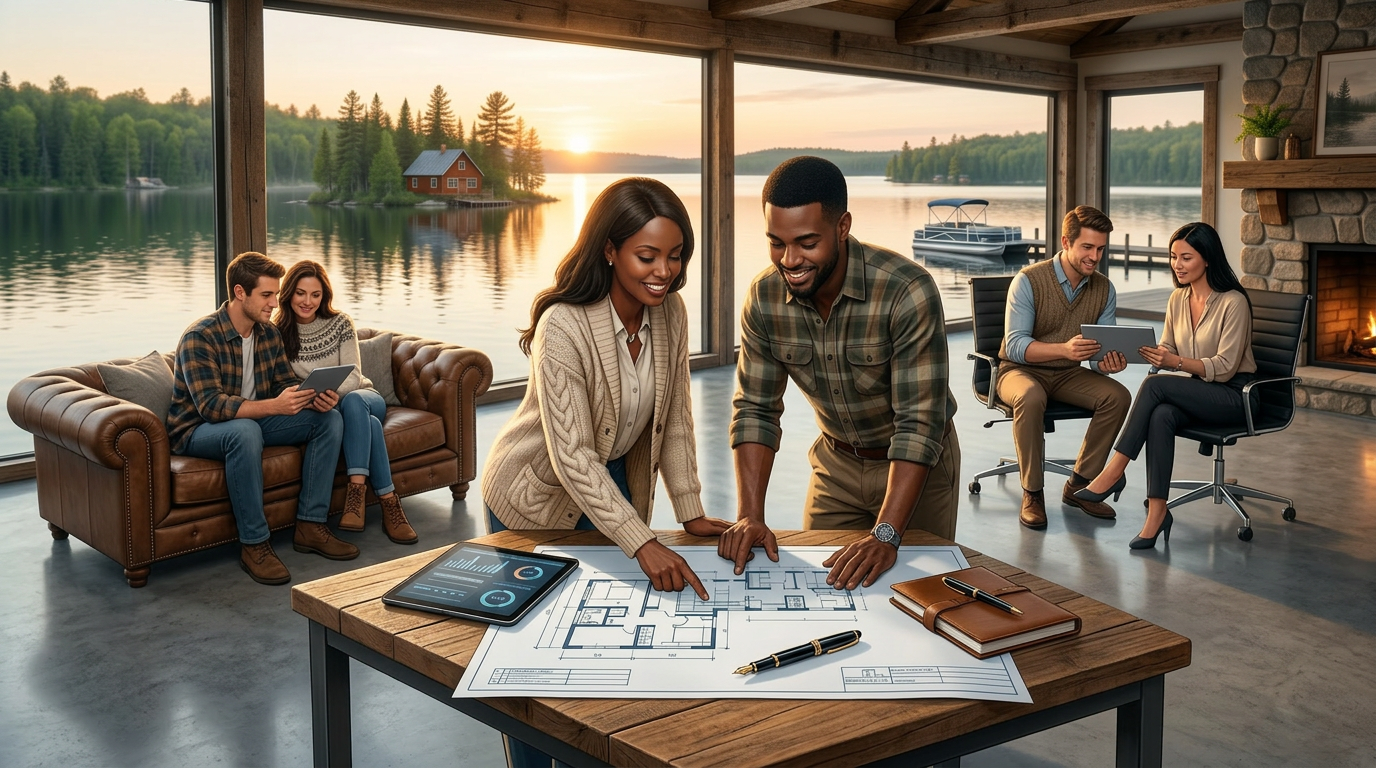 Real estate professionals collaborating in a Minnesota lakeside workspace